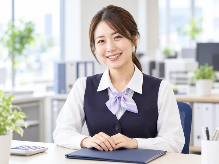 事務服姿でお支払いの相談をご案内する女性モデル
