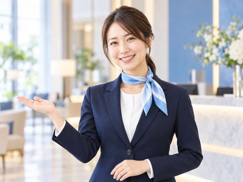 手のひらを開いてご案内する制服姿の女性コンシェルジュモデル