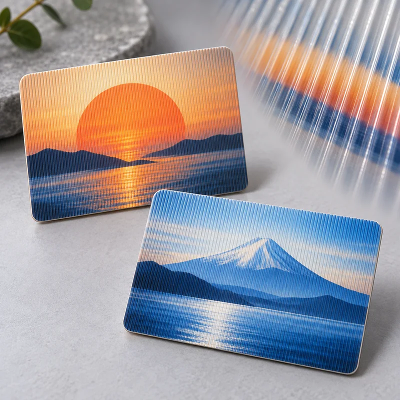 角度によって太陽と山の絵が切り替わるレンチキュラーカードの写真風の合成イメージ
